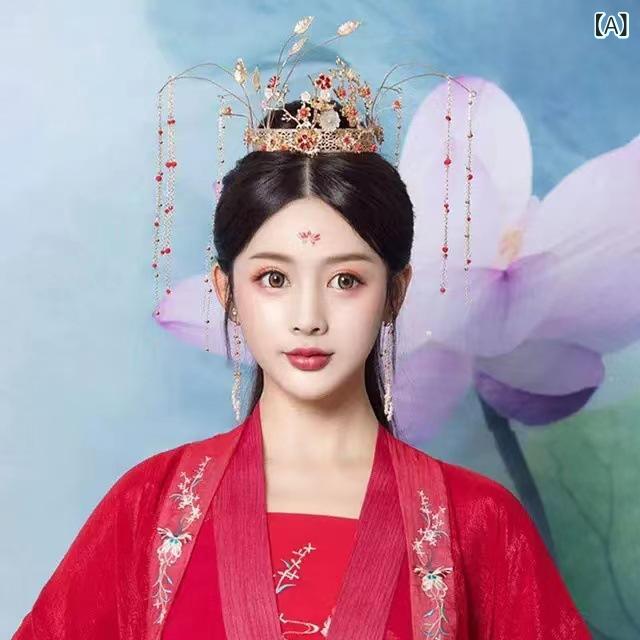 ヘアアクセサリー レディース 漢服 古風 魏晋風 コスプレ 和装 鳳凰 冠 ティアラ かんざし ヘアクリップ ヘアピン タッセル レトロ アンティーク シンプル エレガント 華やか 合金 2