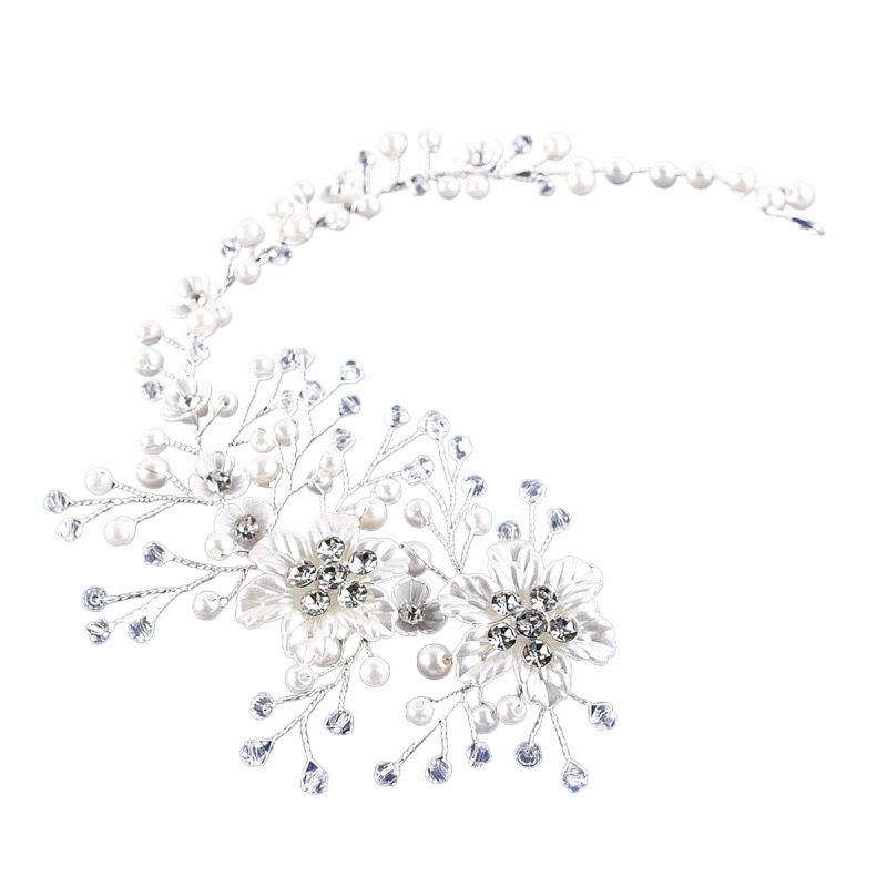 ヘアアクセサリー レディース ブライダル ウェディング 結婚式 ヘッドドレス ハンドメイド フラワーモチーフ クリスタル パール ヘアバンド シルバー