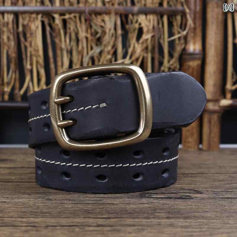 ふんわり暮らし鞄店のベルト メンズ 男性用 レザー 牛革 トップグレインレザー 銅製 ピンバックル 厚手 高耐久 ヴィンテージ レトロ 個性的 おしゃれ 万能 カジュアル ストリート アウトドア ビジネス 普段使い 型押し｜アングル2