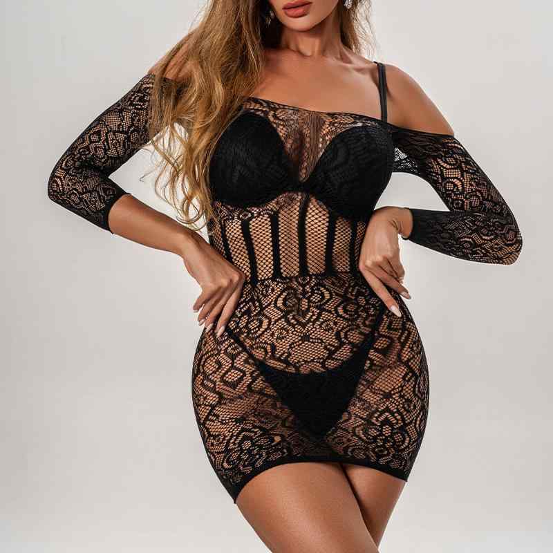 Baby Doll, Shorts - セクシーランジェリー レディース 欧米風 長袖 オフショルダー カットアウト バックオープン シースルー ボディコン ミニ丈 タイト ジャガード織り ネット素材 コスプレ ブラック ナイロン