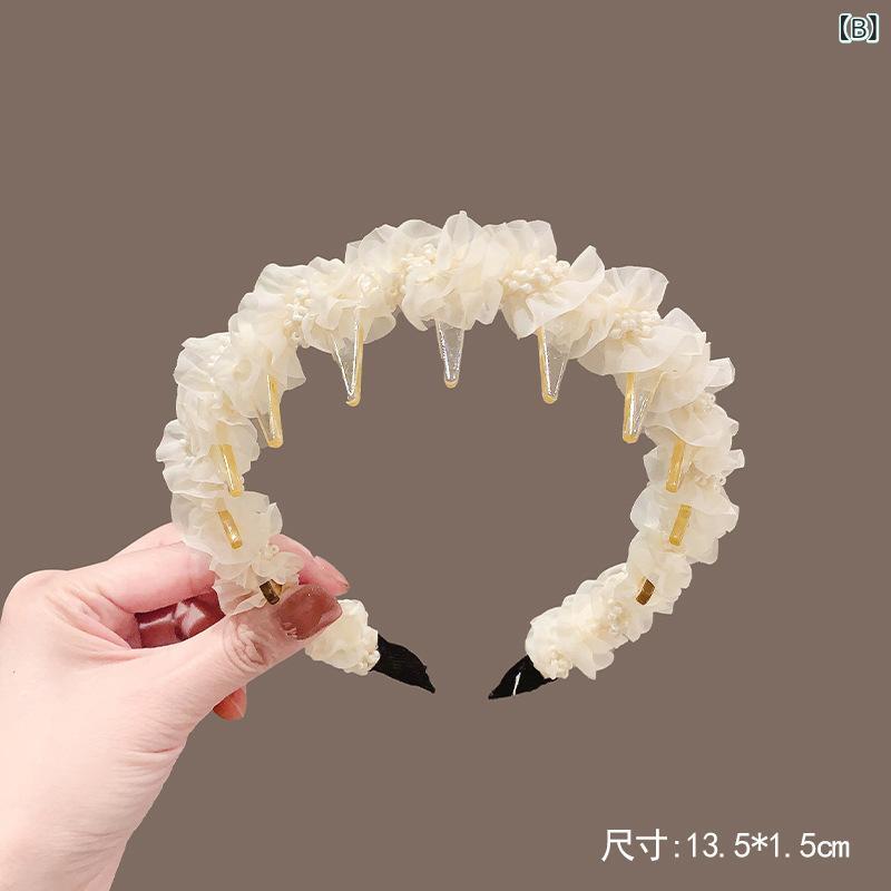 ヘアアクセサリー レディース かわいい 上品 おしゃれ チュール プリーツ パール カチューシャ ヘッドバンド 滑り止め 髪飾り 黒 アイボリー 普段使い デイリー 3