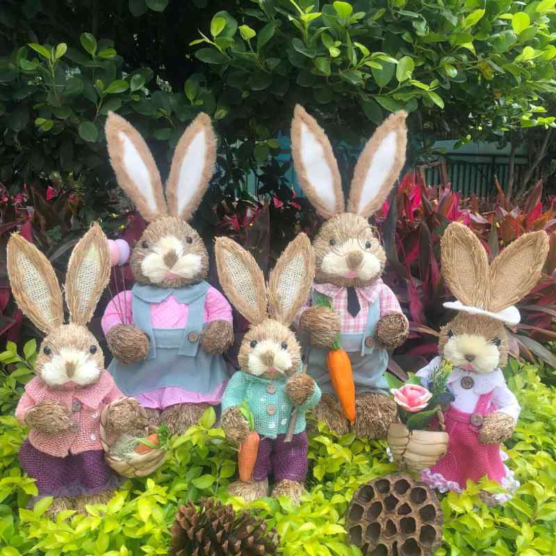 置物 かわいい 草編み ウサギ 兎 ラビット ペア 35cm レトロ アンティーク ナチュラル カントリー インテリア ホームデコレーション 店舗装飾 玄関 リビング 飾り オブジェ 手作り