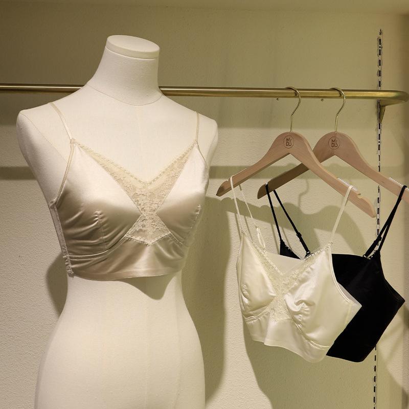 ブラジャー レディース フレンチロマンチック Vネック レース切り替え 高級感 サテン調 シームレス インナー 肌に優しい 美背 ノンワイヤー 通気性 快適 ナイロン ブラック カーキ シャンパンホワイト