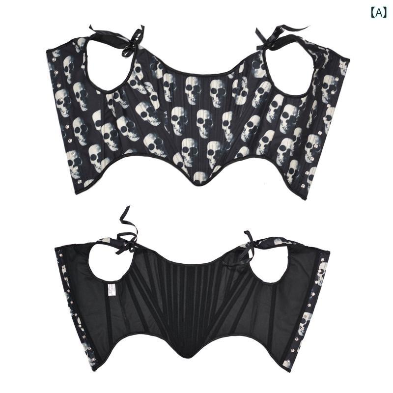 Body Suit - コルセット レディース スカル柄 フレンチ宮廷風 ボーン入り ビスチェ アウター レトロ ウエストシェイパー バックレースアップ 補正下着 スタイルアップ ポリエステル 薄手 ブラック