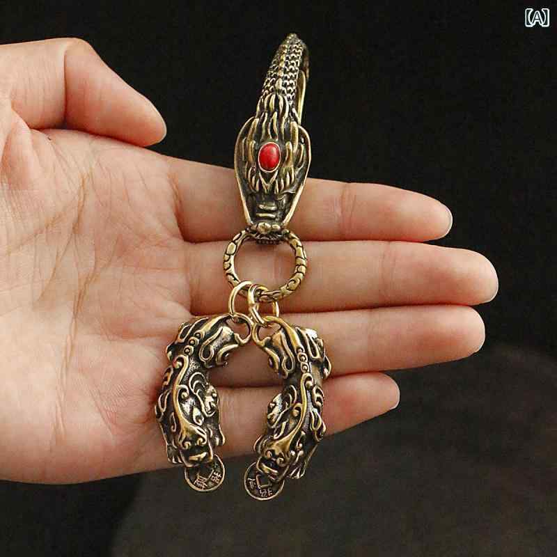 ふんわり暮らし鞄店のキーホルダー メンズ 真鍮製 ラインストーン ドラゴンヘッド 龍 貔貅 カラビナ 車用キーリング 登山 DIYチャーム 中国伝統 レトロモダン｜アングル2
