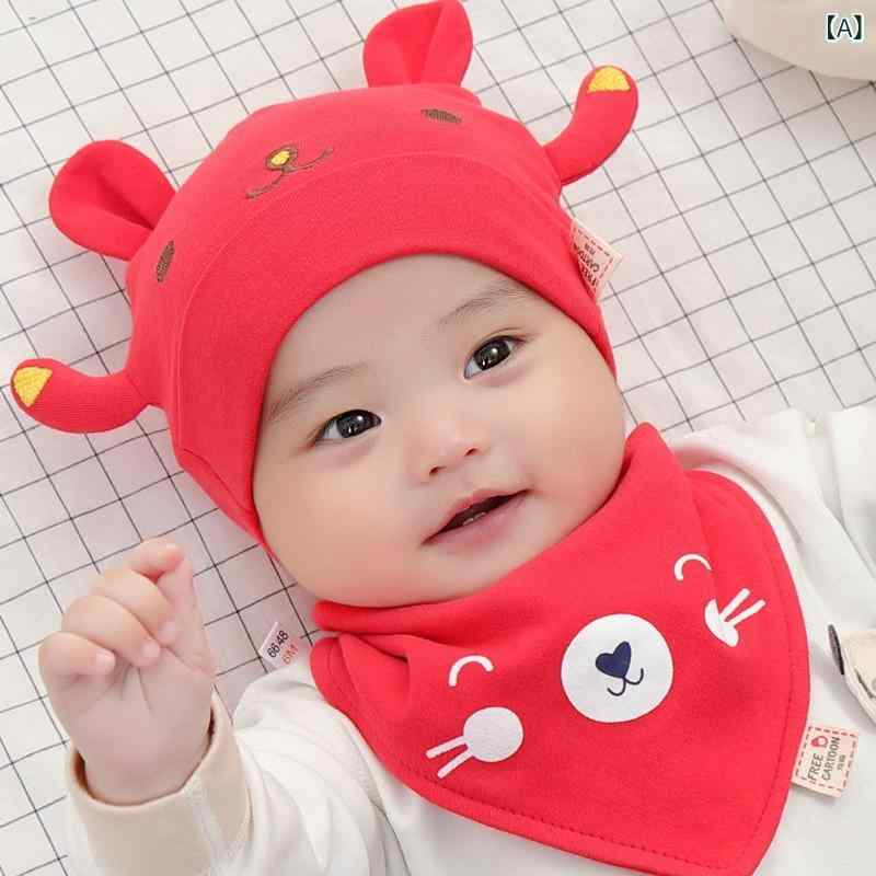 Hats - ニット帽 ベビー 新生児 赤ちゃん 春秋 薄手 コットン 綿 通気性 軽量 かわいい キュート キャラクター 保温 普段使い お出かけ レッド ブルー ピンク