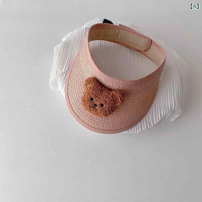 麦わら帽子 ベビー キッズ 女の子 子供用 かわいい クマ サンバイザー 空きトップ 折りたたみ コンパクト 携帯用 日よけ UVカット 紫外線対策 通気性 つば広 春夏 織り素材 インスタ映え