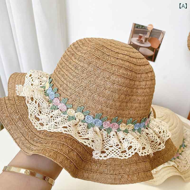 Hats - 麦わら帽子 キッズ 女児 女の子 夏 日よけ UVカット 紫外線対策 つば広 バケットハット ストローハット ビーチ プール アウトドア レジャー 通気性 レース 花柄 かわいい ナチュラル カーキ ベージュ