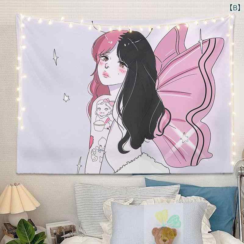 タペストリー 女の子 女性用 トレンド かわいい 少女イラスト ガールズイラスト 北欧風 フリース素材 長方形 ベッドルーム 部屋 装飾 壁掛け 背景布 [2]