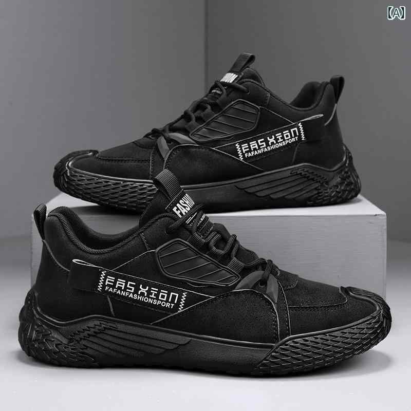 Sneakers - ワークシューズ メンズ ローカット ラウンドトゥ レースアップ ローヒール 耐摩耗 ラバーソール シンプル ソリッドカラー 普段使い カジュアル 青年 黒 カーキ グレー オールシーズン