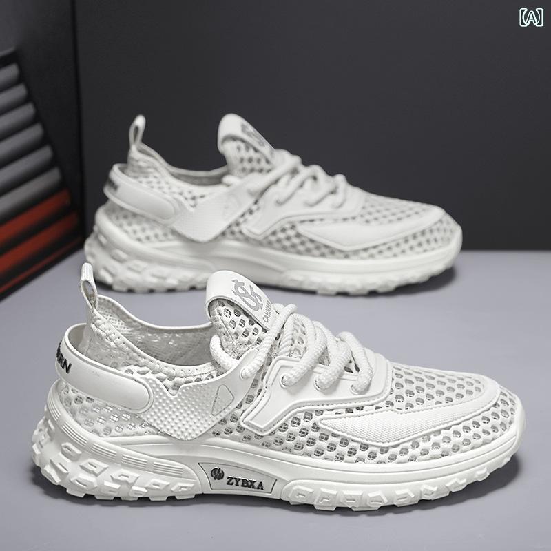 Sneakers - 運動靴 メンズ 薄手 大メッシュ 通気性性 カジュアル スニーカー ファッション 着回し アウトドア 登山 渓流トレッキング 普段使い ローカット ラウンドトゥ 厚底 ステッチ メッシュ素材 PVCソール 春夏秋 白 黒 ベージュ