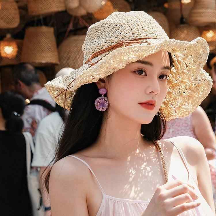 ストローハット レディース 夏 UVカット つば広 リボン付き 透かし編みデザイン サ...