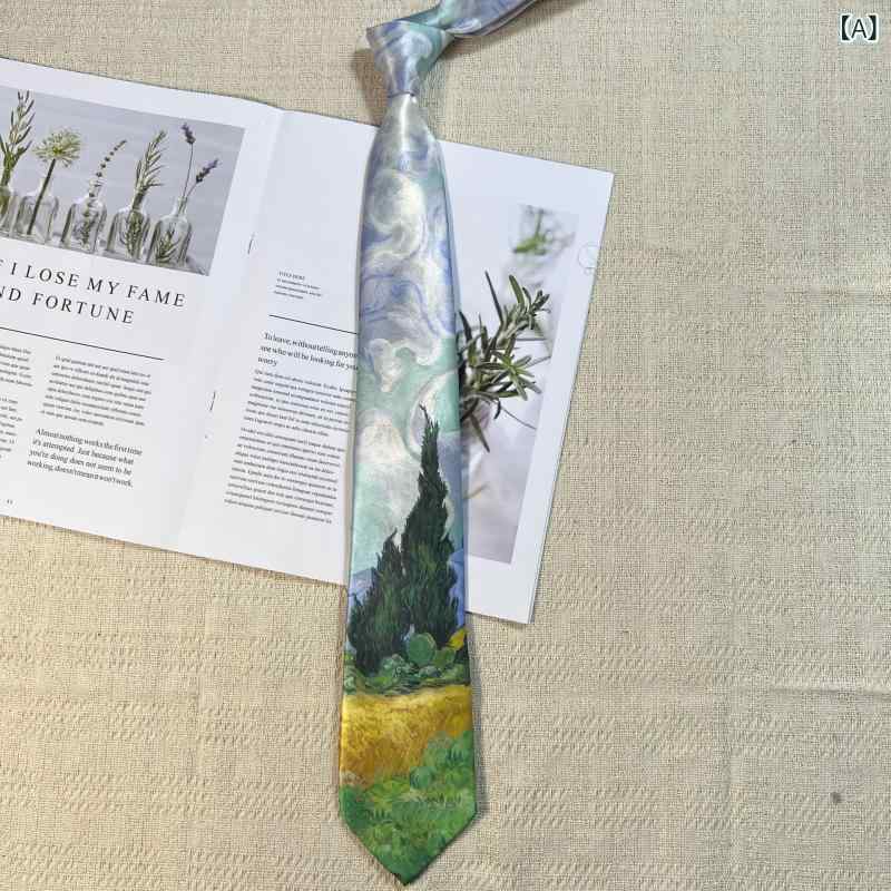 ネクタイ メンズ レディース アート柄 油絵モチーフ 名画プリント 印象派 花柄 幾何学模様 おしゃれ カジュアル ビジネス スクール 制服小物 アクセサリー デート 通勤 通学 手作り感 上品 ポリエステル生地 鮮やか 芸術的 コーディネート ワンポイ