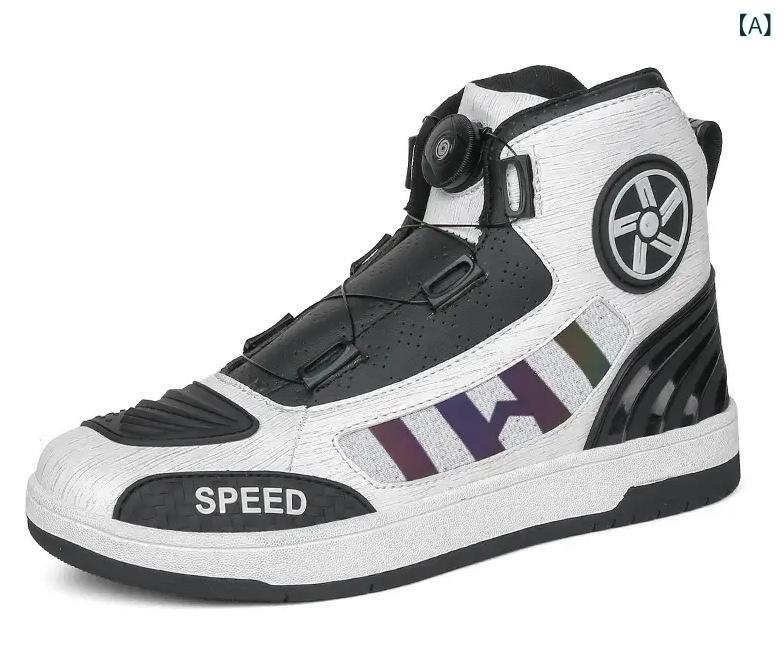 Sneakers - バイクシューズ メンズ レディース オールシーズン ハイカット ライディング 短ブーツ 合成皮革 メッシュ内側 ゴムソール 丸トゥ フラットヒール スポーツ 汎用 オフロード レーシング ツーリング 白 黒