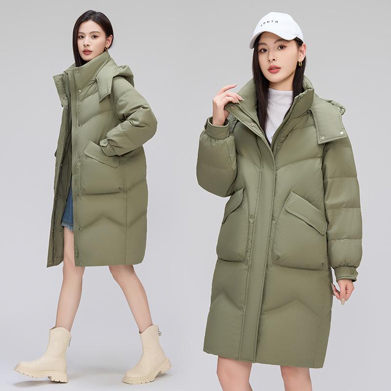 Rakuten - ダウンジャケット レディース 女性用 秋冬 ミドル丈 ホワイトダックダウン 厚手 保温 防寒 細見え スタイルアップ ゆったり フード付き 長袖 ポリエステル 通勤 デイリー お出かけ きれいめ エレガント 上品 コート アウター 多色展開