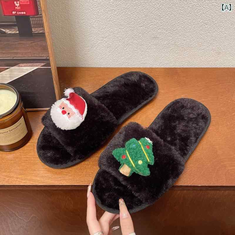 ルームスリッパ レディース カジュアル かわいい カートゥーン柄 クリスマス ふわふわ ファー付き オープントゥ 軽量 フラットヒール 暖か 室内 合成毛 内里 ラウンドトゥ 黒 白 ピンク 秋