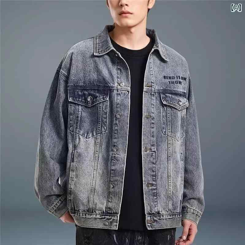 Jumper, Blouson - ジャケット メンズ 春秋 デニムブルゾン ストリートカジュアル 韓国風ファッション ゆったりシルエット 長袖 ジップアップ 襟付き デイリーユース レギュラー丈 サイドポケット 青少年向け ポリエステル ブルー