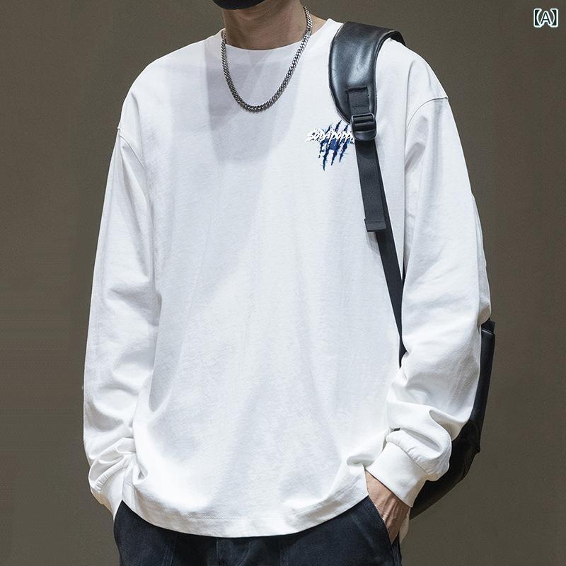 Tシャツ メンズ コットン 厚手 長袖 レトロ 無地 アメリカン ビッグシルエット ゆったり クルーネック 着回し カジュアル トレンド 春..