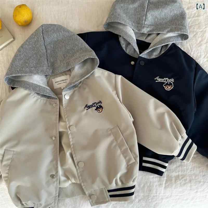 Jacket - アウター キッズ 春秋 野球ジャケット カートゥーン刺繍 フード付き ジップアップ 長袖 混紡素材 ポリエステル裏地 ベージュ ネイビー ワインレッド