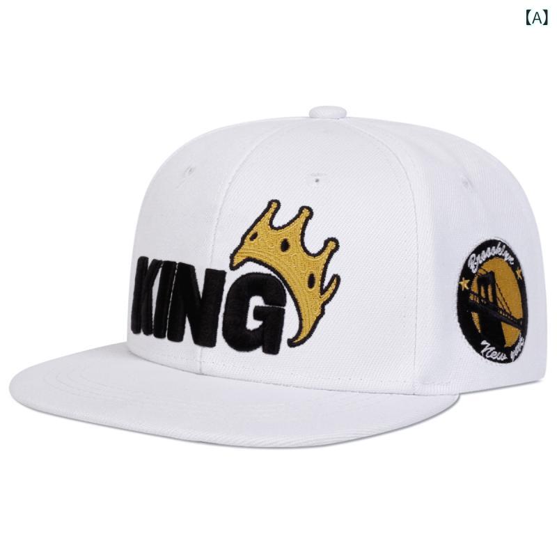 Cap - キャップ メンズ カジュアル ヒップホップスタイル コットン素材 フラットバイザー 刺繍入り アルファベット柄 王冠デザイン ストリートダンス 野球観戦 タウンユース 白 黒