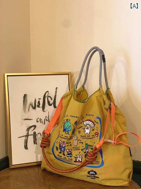 トートバッグ 刺繍 ナイロン 大容量 収納 シングルショルダー 中型 大型 縦型 スクエア ソフト オープン カードポケット グレー ブラック ピンク ストリート 春 普段使い 健康 エコ オックスフォード
