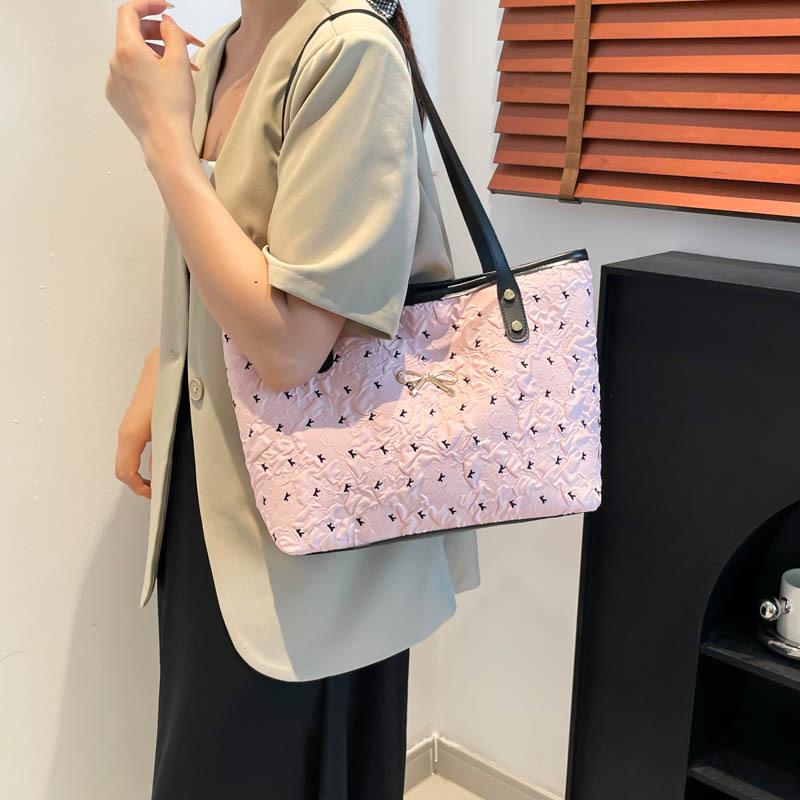 トートバッグ 大容量 夏 学生 通勤 普段使い ハンドバッグ ショルダーバッグ 横型 スクエア ジッパー PU 布 ステッチ ポリエステル スマホポケット ソフト ダブルショルダー ホワイト ピンク ブラックピンク ストリート(4.0)