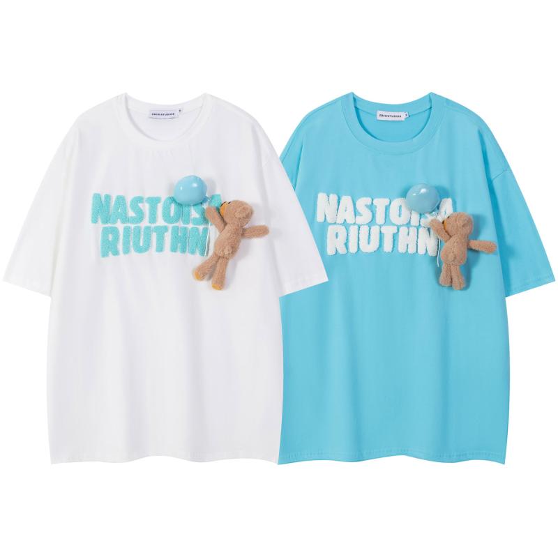 乐天商城 - Tシャツ メンズ アメカジ レトロ バルーンベア タオル刺繍 オーバーサイズ ゆったり ドロップショルダー カジュアル 普段使い ペアルック コットン 半袖 春夏 トップス