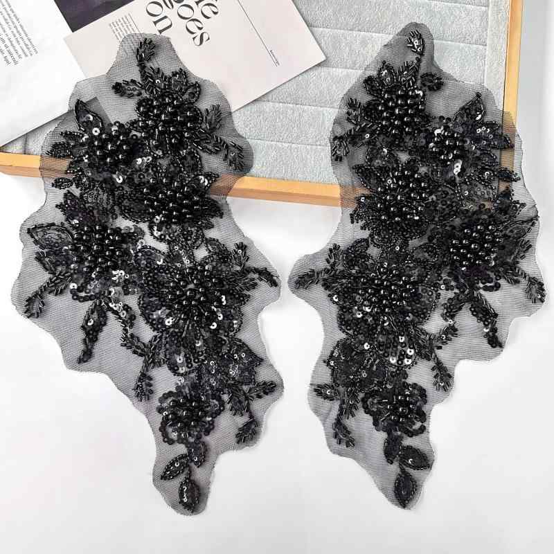 乐天商城 - アップリケ 立体 花柄 ペア 黒 ブラック メッシュ ビーズ スパンコール ドレス ステージ衣装 発表会 フォーマル 衣装 デコレーション リメイク 手芸 ワッペン モチーフ