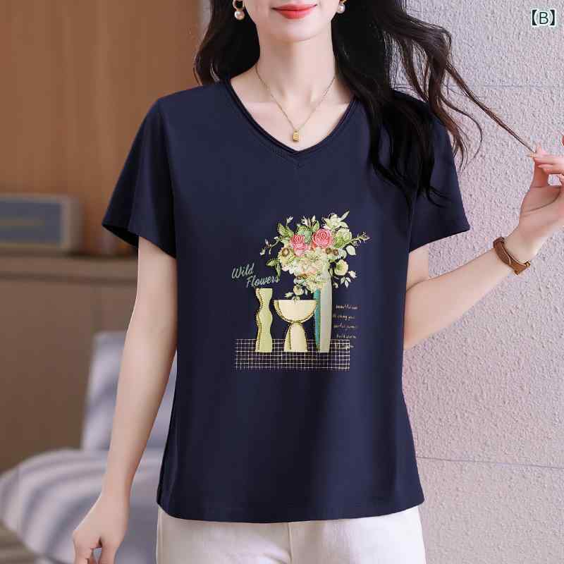 Tシャツ レディース 半袖 Vネック ルーズ 刺繍 アニメ カートゥーン柄 3D 立体パターン 夏 カジュアル 快適 綿 スパンデックス グレー ブルー ホワイト かわいい 普段使い コーディネートしやすい トップス soarsole-10272827 ふんわり暮らし鞄店 サンプル画像3