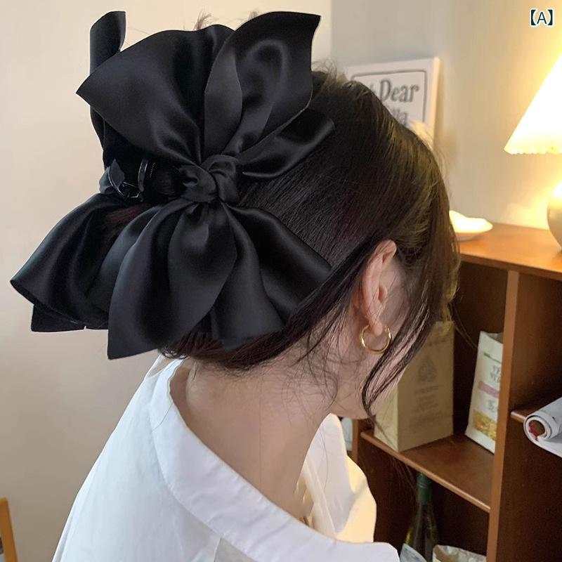 ふんわり暮らし鞄店のヘアクリップ レディース 大型 リバーシブル 蝶結 バナナクリップ 黒 サテン 混合素材 夏 かわいい ナチュラル スイート 手作り シンプル おしゃれ ヘアアレンジ 普段使い 髪留め｜アングル2