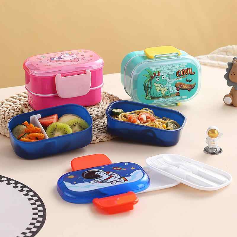弁当箱 キッズ 子供用 二段式 キャラクター かわいい 仕切り付き レンジ対応 密閉 ランチボックス 持ち運び ポータブル プラスチック製 楕円形 通学 通勤 ピクニック 学生 オフィス