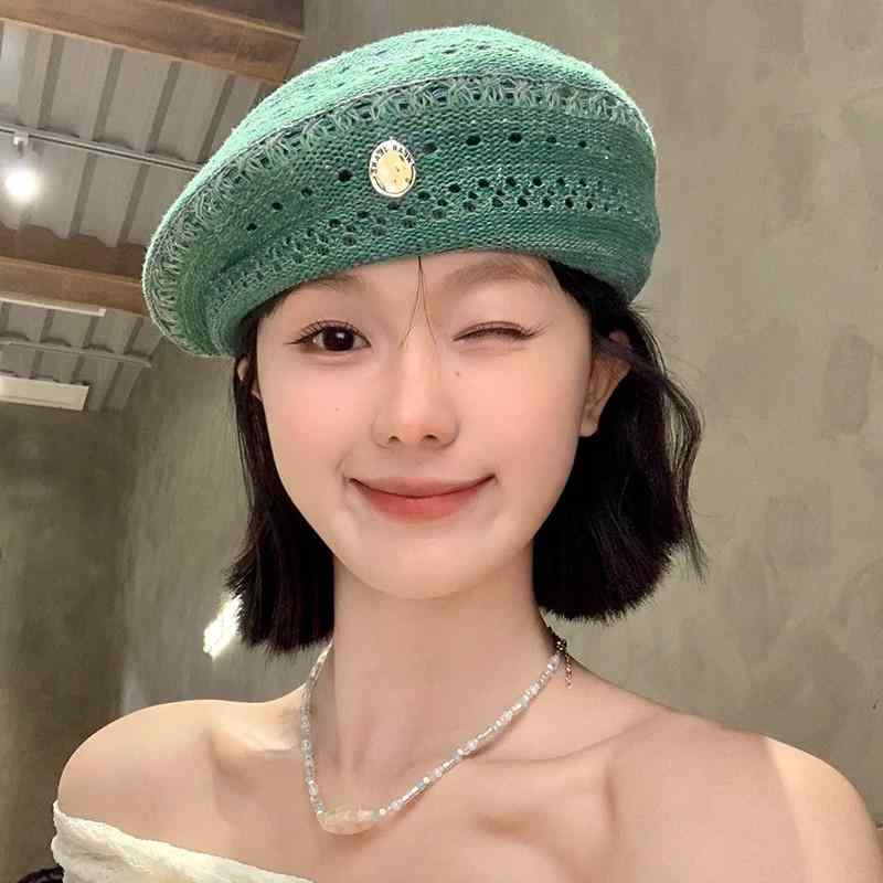 ベレー帽 レディース 女性用 レトロ 透かし編み ペーパーストロー 草編み ミントグ...