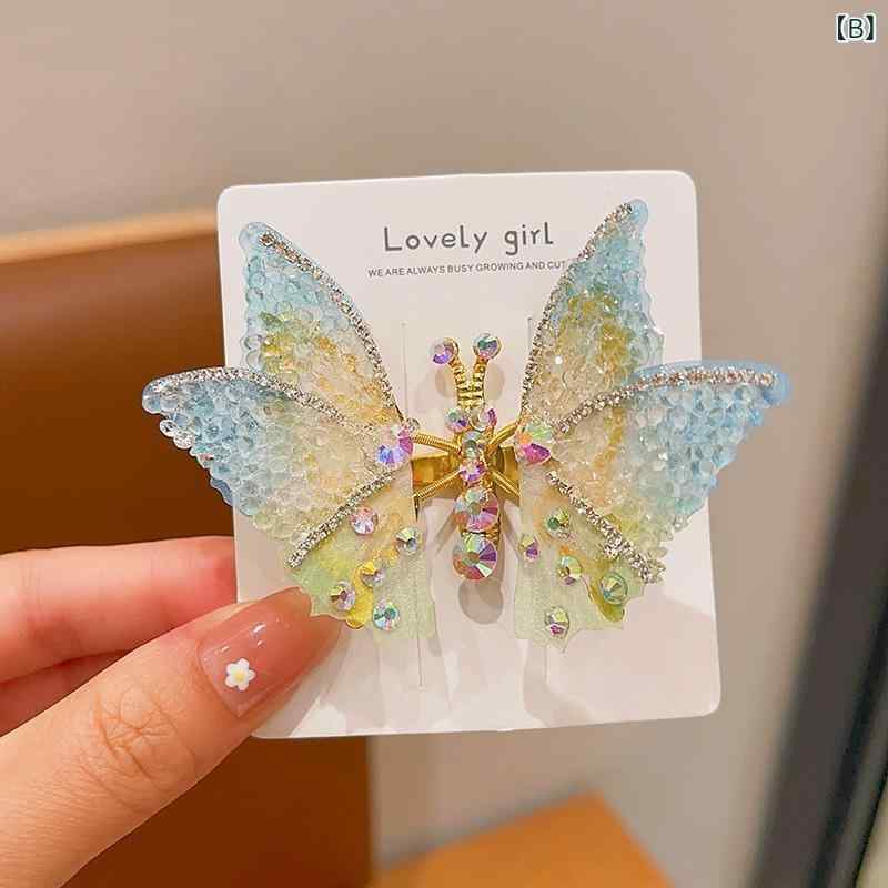 ヘアクリップ 女の子 動く蝶 立体 ラインストーン ペア プリンセス かわいい 夏 混...