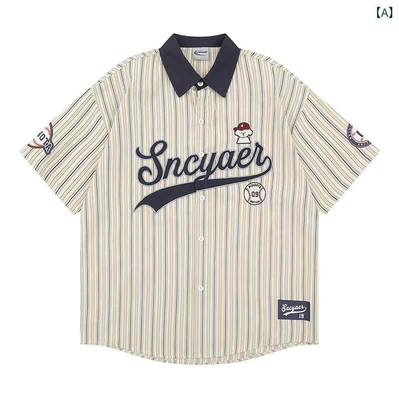 シャツ 男女兼用 アメリカンレトロ ベースボール 半袖 刺繡 ストライプ柄 ゆったり ビッグシルエット オープンカラー トップス カジュアル デイリーユース 通気性 春夏 アプリコット ブルー