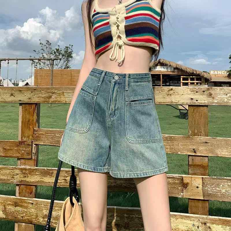 Rakuten - デニム ショートパンツ レディース ハイウエスト Aライン 薄手 春夏 ブルー シンプル 小柄 ストレッチ ポケット フレア 普段使い ウォッシュ スリム エレガント カジュアル