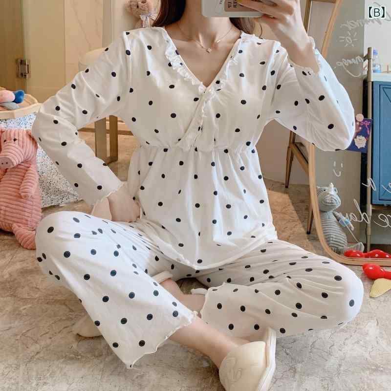 授乳パジャマ マタニティ 産後 レディース 長袖 長パンツ セット 純綿 伸縮性 ポル...