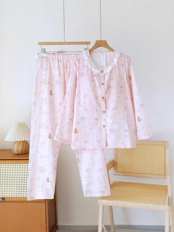 Formal - パジャマ レディース 綿 ガーゼ 長袖 ラッフルスリーブ 爽やか かわいい フラワー柄 ピンク系 ブルー系 動物モチーフ 授乳口付き 胸パッド付き 産後 部屋着 セット
