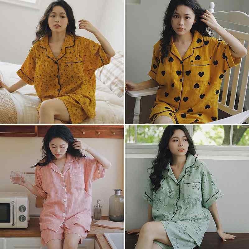 Occidental Goods - 授乳パジャマ レディース 綿ガーゼ 夏薄手 三分袖 胸パッド付き 妊婦 産後 待産 授乳 ショートパンツ セット 小花柄 動物プリント かわいい 爽やか 甘め プリーツ加工 伸縮性