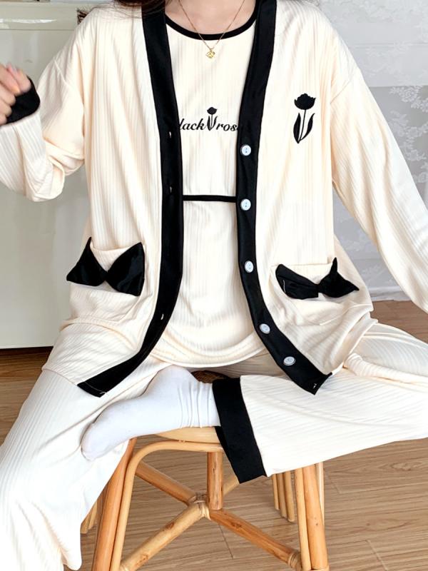 Formal - 授乳パジャマ レディース 産後 3点セット 長袖 ロングパンツ 綿混紡 秋冬 かわいい カートゥーン柄 日韓カジュアル 妊娠期 外出着 胸パッド