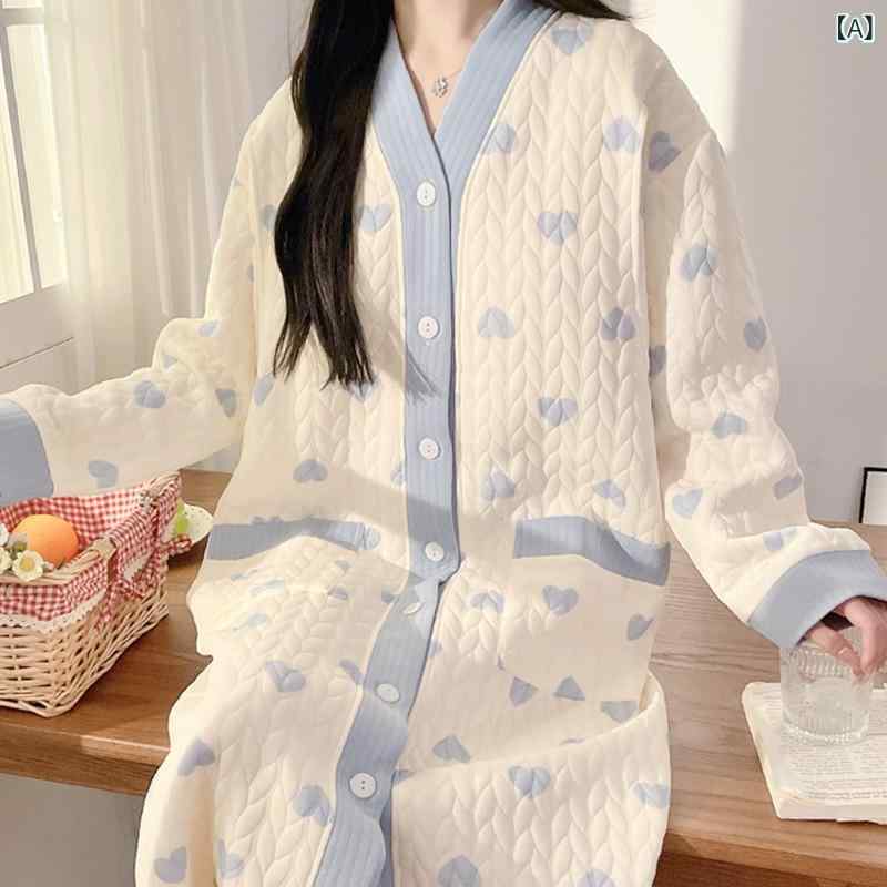 Occidental Goods - 授乳パジャマ マタニティ レディース 長袖 ロングスカート コットン混 厚手 春秋 産後服 部屋着 ルームウェア かわいい プリント柄 ハート柄 クマ柄 フラワー柄 ピンク系 ブルー系