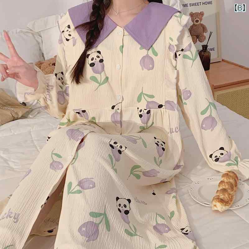 授乳パジャマ レディース 胸パッド 薄手 長袖 フレア袖 ロングスカートセット 綿 ...