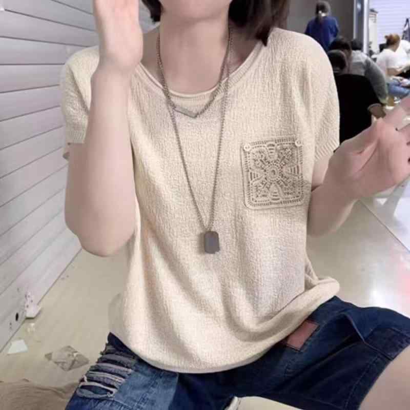 乐天商城 - ニット レディース 半袖 ゆったり 無地 クルーネック 薄手 春夏 カジュアル 韓国風 普段使い レーヨン混 黄 緑 ピンク系 大きめ ぽっちゃり