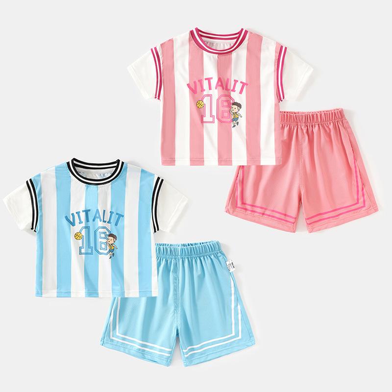 Rakuten - 運動セット ベビー キッズ 男の子 女の子 夏 半袖 短パン 薄手 カジュアル スポーツ レジャー アクティブ 普段使い ポリエステル混紡 ストライプ柄 青 ピンク フェイク2枚組
