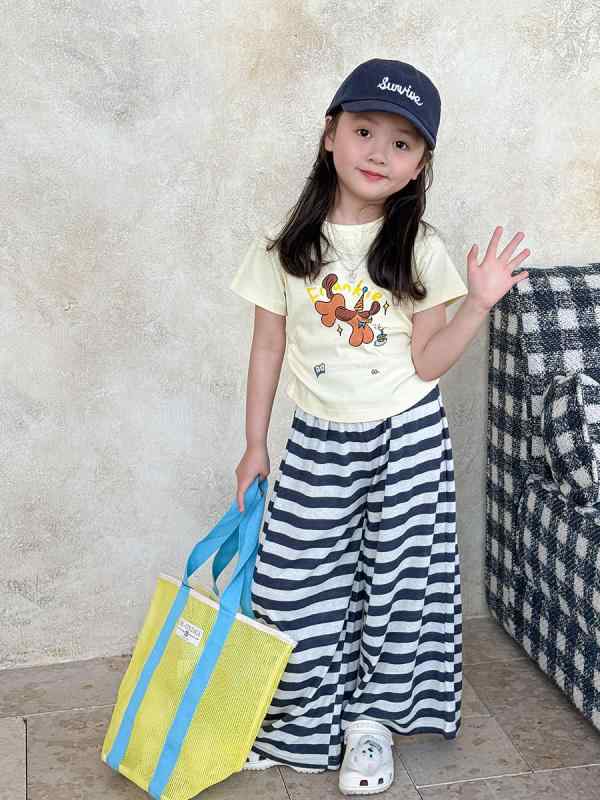 Rakuten - Tシャツ ロングパンツ セット 女の子 キッズ 半袖 夏 コットン 薄手 柔らか素材 ストライプ 無地 カートゥーン プリント かわいい カジュアル 普段使い 韓国風 レジャー スタイル