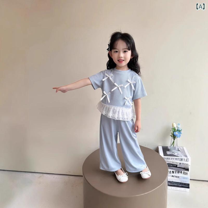 ・カテゴリ: キッズパンツセット・スタイル: レジャー・性別: 女児・袖丈: 半袖・パンツ丈: ロング・柄: 無地、卡通・カラー展開: ブルー、グレー・サイズ展開: 90、100、110、120、130、140・主な素材: 綿35%