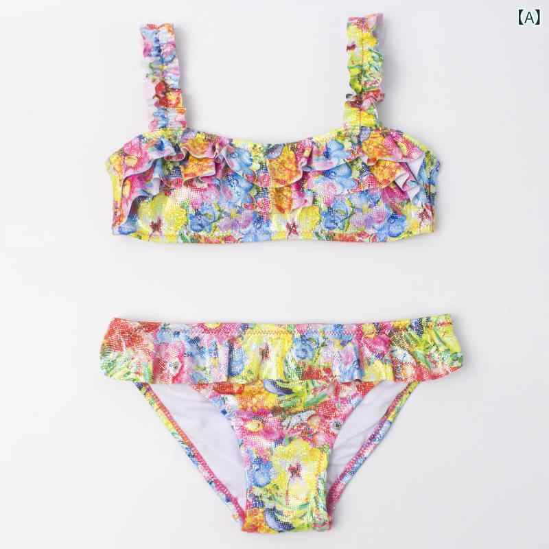 ふんわり暮らし鞄店の水着 女の子 ビキニ セパレート ゴールド フリル ピンク ストライプ ドルフィン柄 ナイロン 混紡 合成繊維 水遊び スイミング 夏｜アングル2