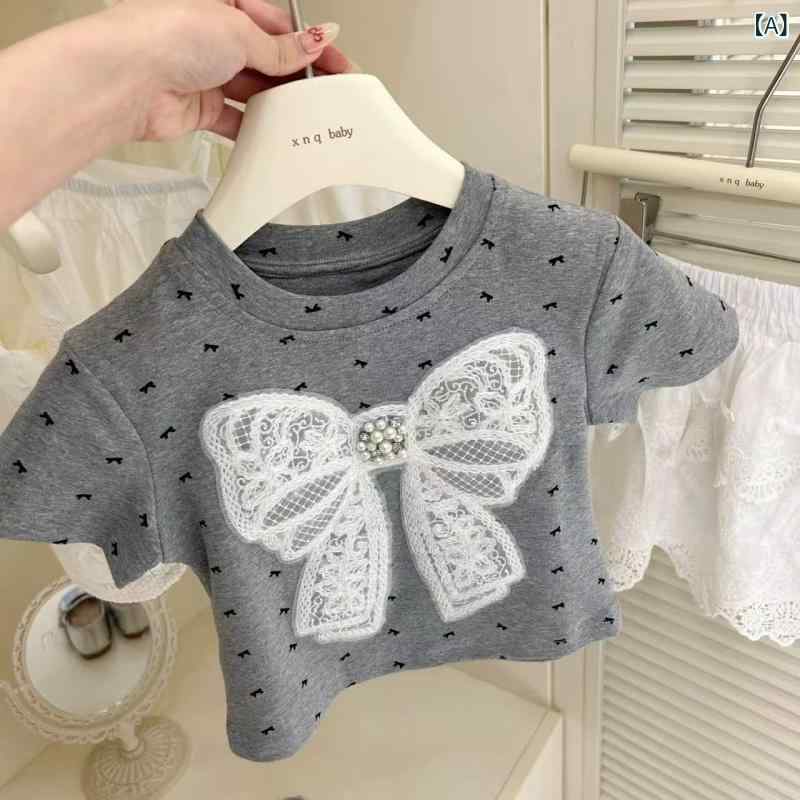 ・カテゴリ: 子供Tシャツ・スタイル: レジャー・主な素材: 綿90%・ネックライン: クルーネック・袖丈: 半袖・柄: レース、田園、リボン・カラー展開: グレー・サイズ展開: 90cm、100cm、110cm、120cm、130cm、140cm・機能: 吸湿速乾