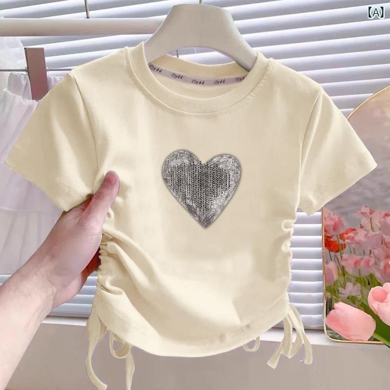 ・カテゴリ: 子供Tシャツ・スタイル: 韓国風・主な素材: 綿100%・ネックライン: クルーネック・袖丈: 半袖・柄: プリント・カラー展開: 杏色（ハート柄）、薄紫色（ハート柄）、黒（ハート柄）、杏色（無地）・サイズ展開: 120cm、130cm、140cm、150cm、160cm、170cm