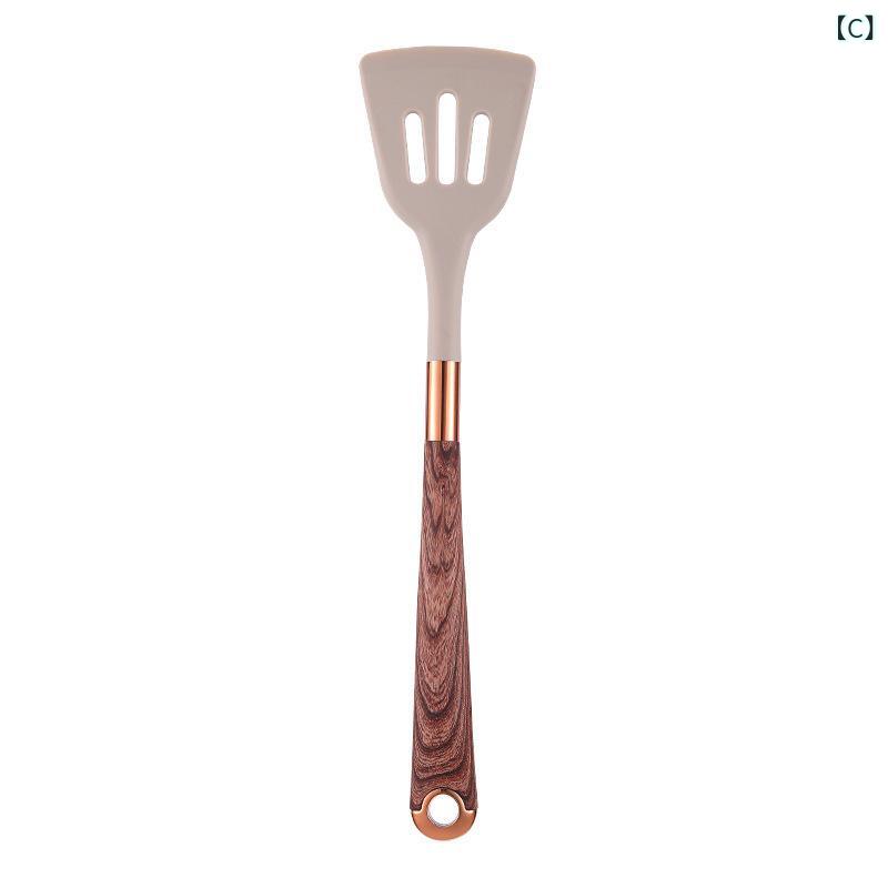 ふんわり暮らし鞄店のキッチン 調理器具 10点セット 食品シリコン 鍋ガラ スプーン ヘラ スパチュラ ブラシ 耐高温 ノンスティック鍋対応 防熱 金メッキ 木目柄 ハンドル 収納バケツ 普段使い 高級感｜アングル3