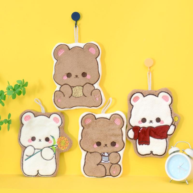 キッチンタオル ハンドタオル ミニハンドタオル かわいいクマ柄 刺繍 コーラルベルベット 吸水速乾 柔らか フワフワ 掛け干し 軽量 小型 台所手拭き キッチンクロス 普段使い